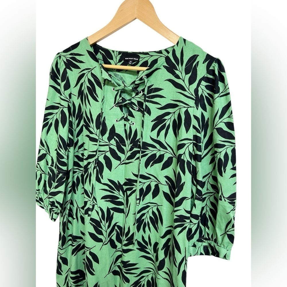 Who What Wear Linen Blend Green and Black Leaf Print Dress with Pockets M - Picture 4 of 10